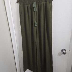 45.) Olive Green Wide Leg Drawstring Pants High Waisted SIZE XL